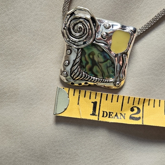 Abalone Pendant Necklace Artsy Artist Made & Yellow Stone Silver Tone Statement - Picture 14 of 15